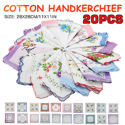 20pcs Vintage Floral Flowers Bird Handkerchief Cotton Square Hanky Ladies Women