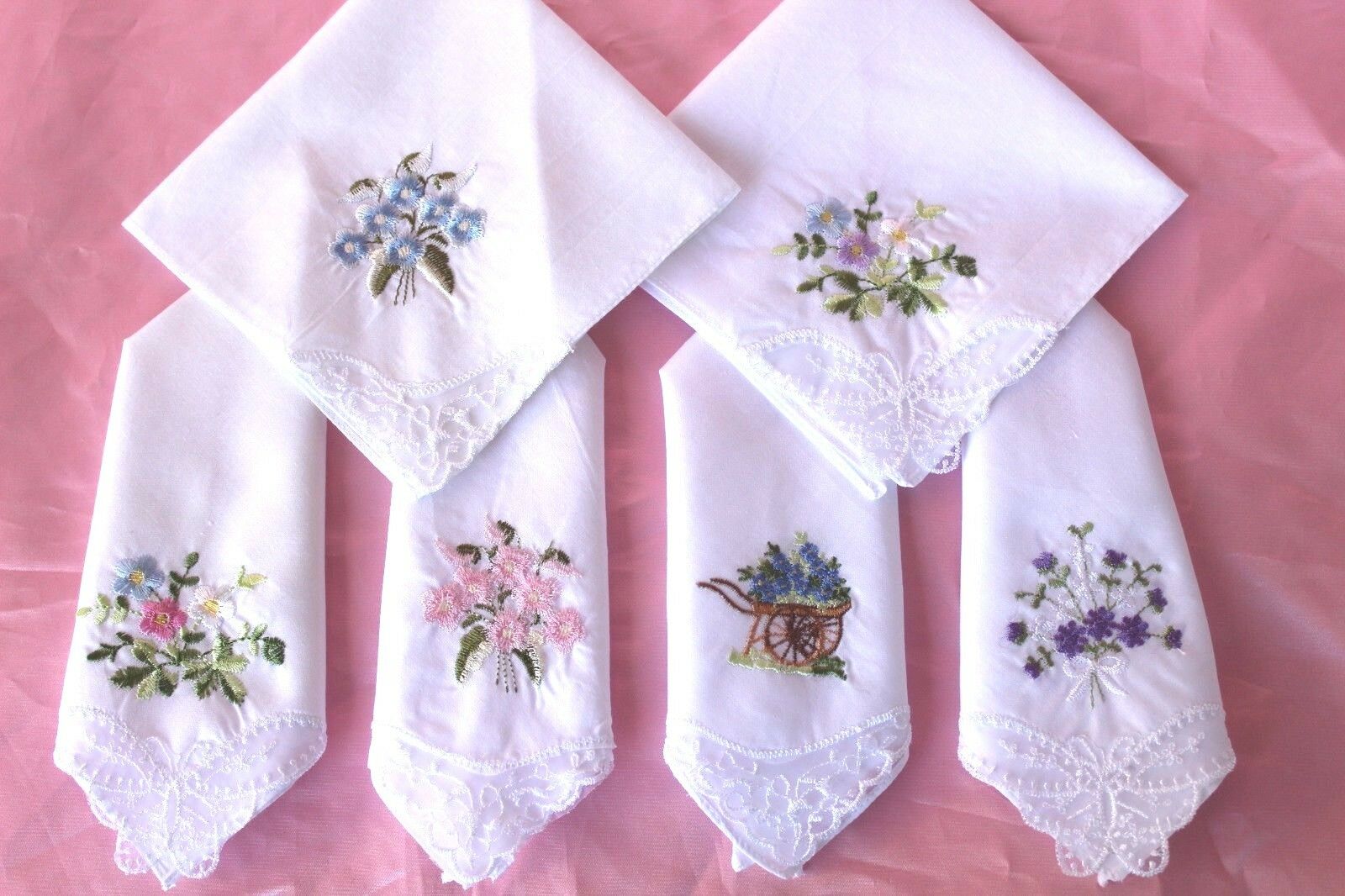 Lace Handkerchiefs Lot Six Cotton Hankies Women's 6 Floral Embroidered White New
